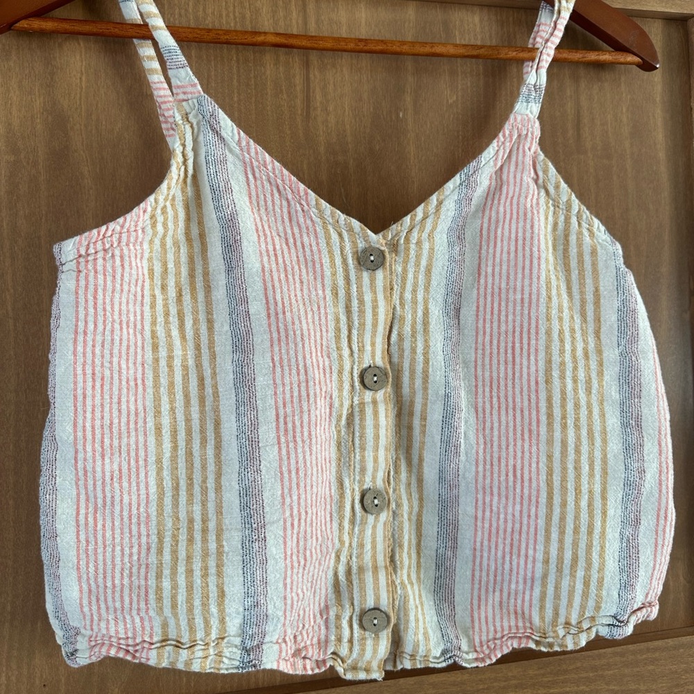 Ruby Moon Linen Striped Crop Button Front Tank Top - Picture 2 of 7